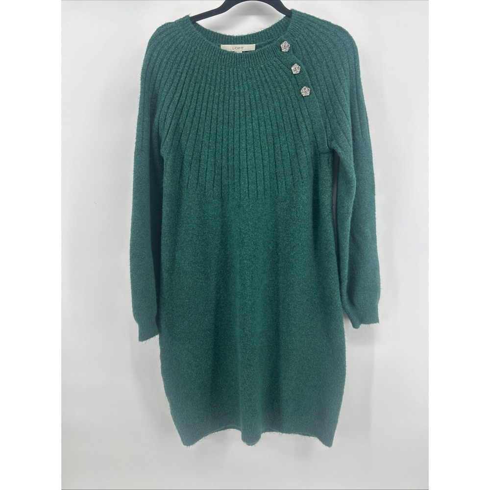 LOFT Emerald Green Shimmer Jeweled Sweater Dress XS Festive Holiday Party Photo